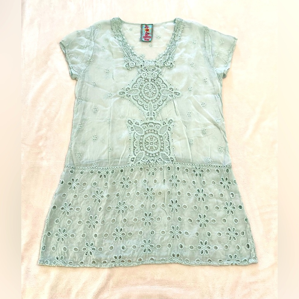 Johnny Was Kelso Eyelet Tunic Womens Sz S Short Sleeve Long Top in Arctic Mist - Picture 7 of 12
